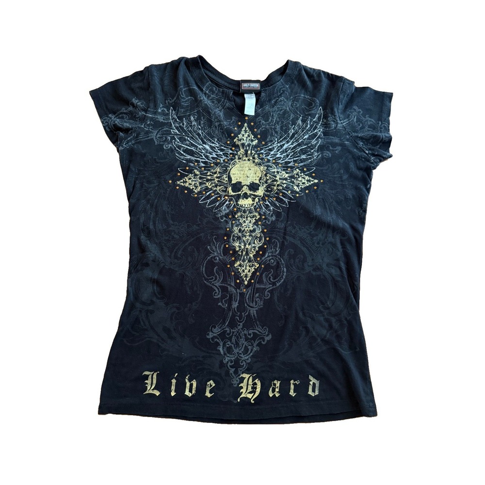 Harley Davidson Cafe Las Vegas Womens L Skull Wings Rhinestone Graphic T Shirt